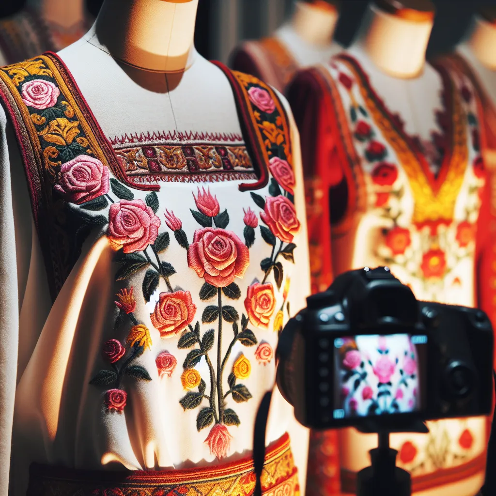 Lingerie bulgare avec broderies traditionnelles sur fond de roses de la vallée