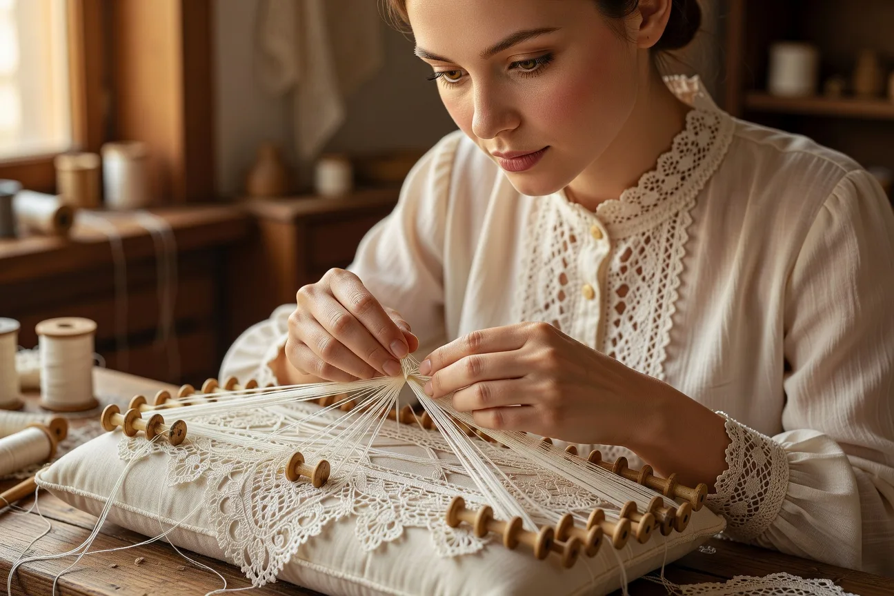 Artisane réalisant de la dentelle de Vologda aux fuseaux — savoir-faire ancestral et lingerie