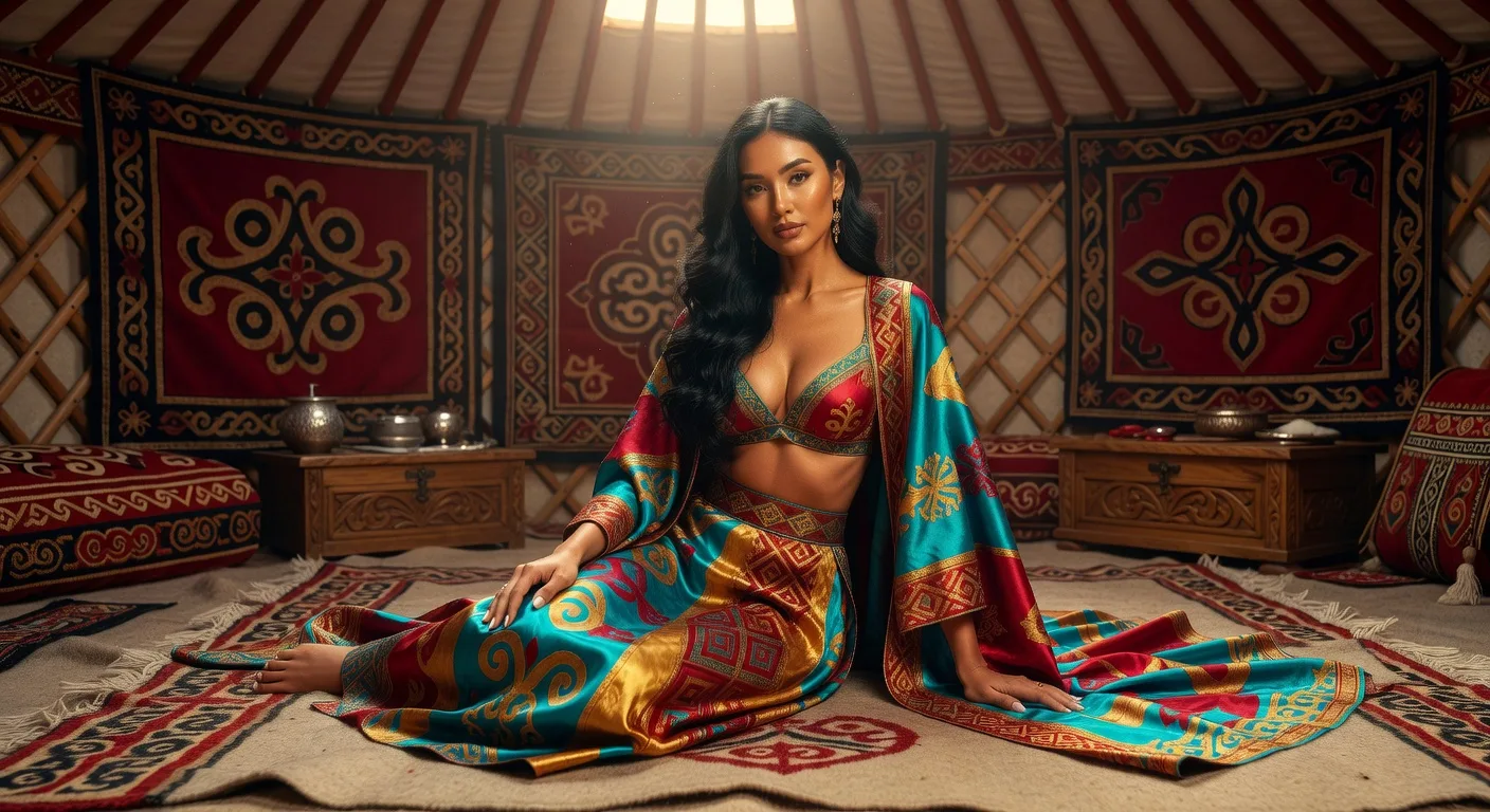Femme d'Asie centrale en lingerie de soie aux motifs nomades — traditions textiles